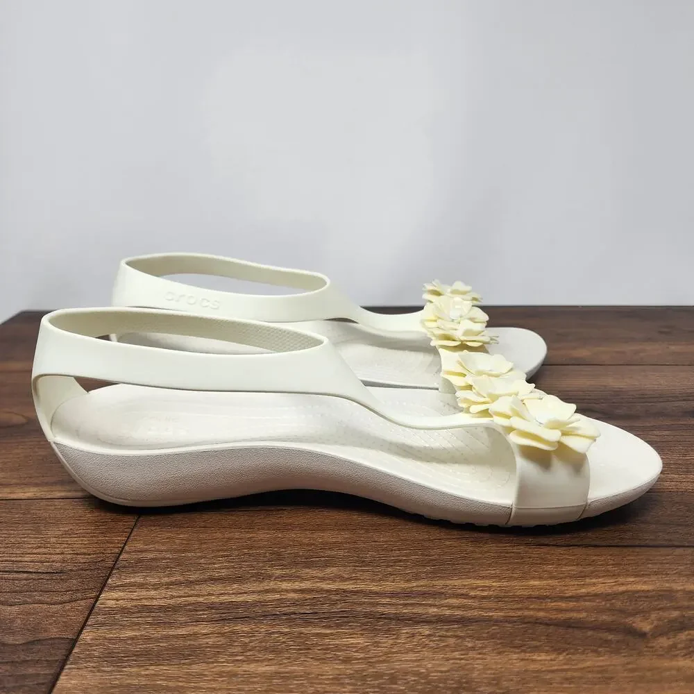 Crocs Serena Flower Embellished Flat T-Strap Sandal Women 10 Ivory and Cream - Picture 9 of 14